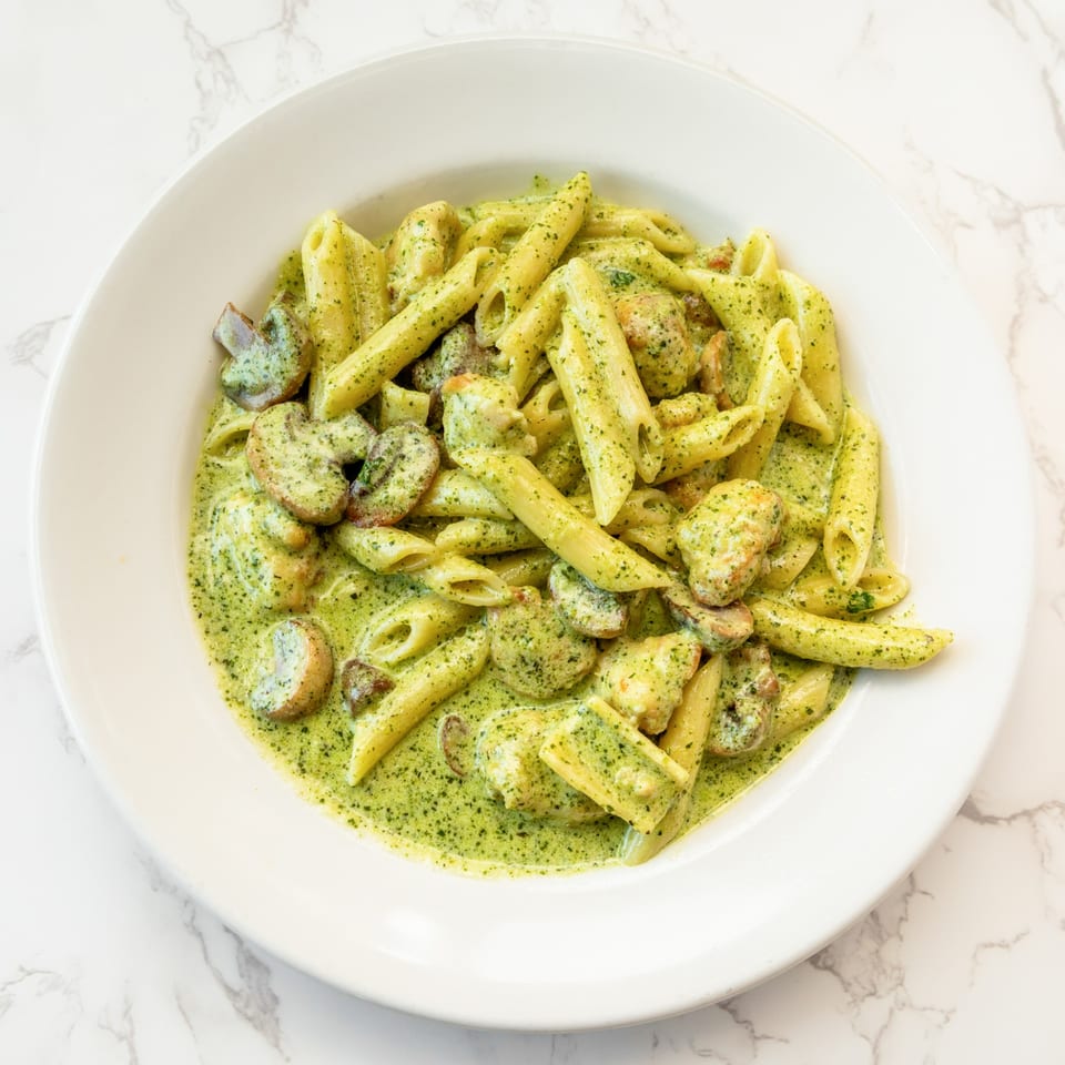 Penne pasta with chicken and mushrooms in a vibrant green pesto cream sauce, served in a white bowl.
