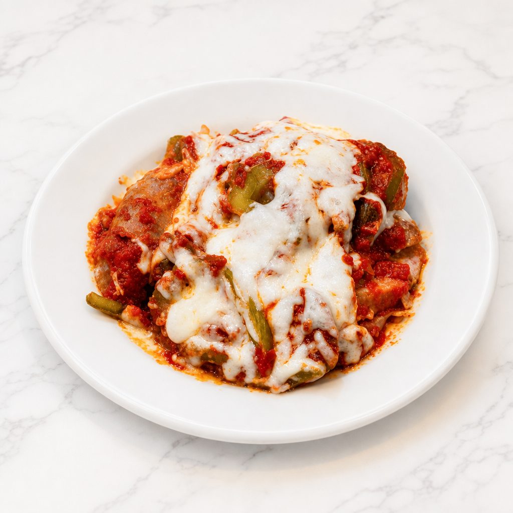2 Sausages with Peppers and Cheese.
