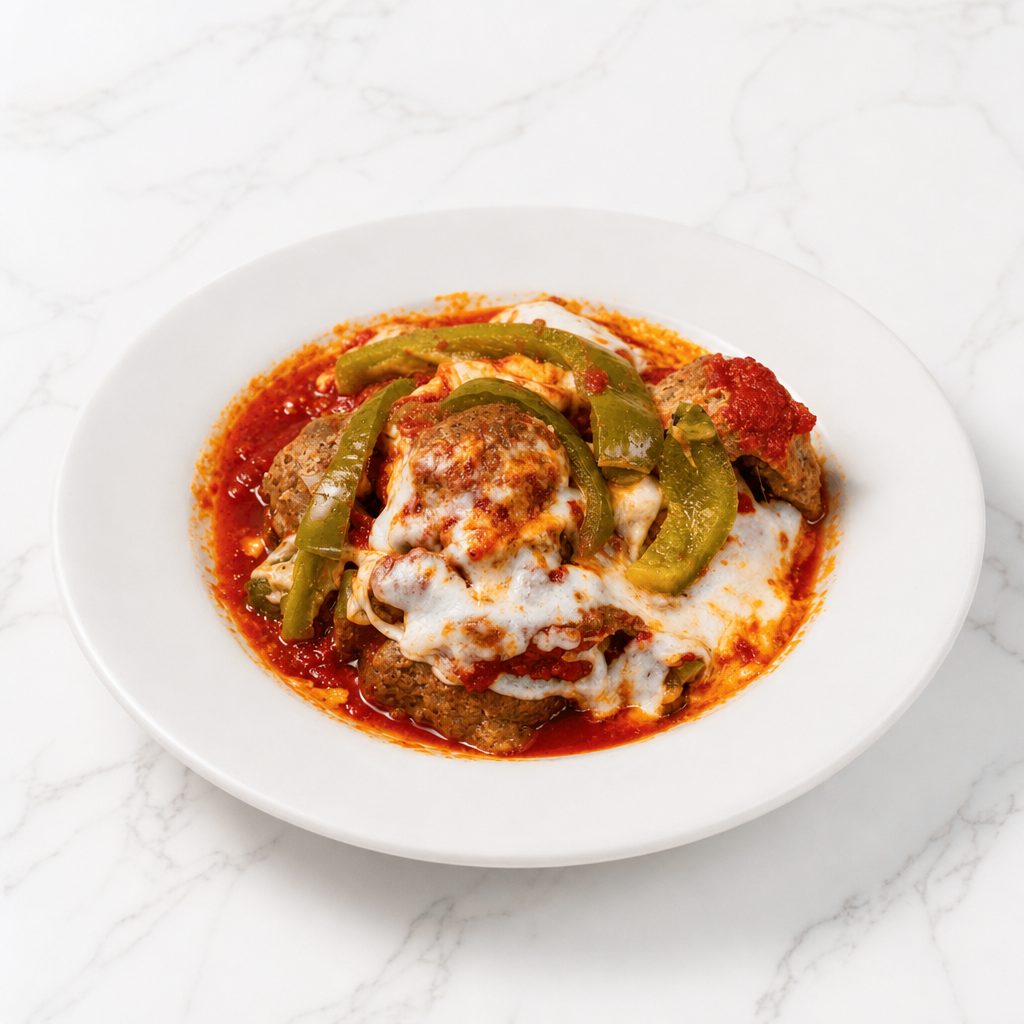 3 Meatballs with Peppers and Cheese.
