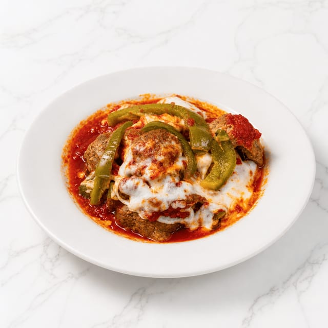 3 Meatballs with Peppers and Cheese.