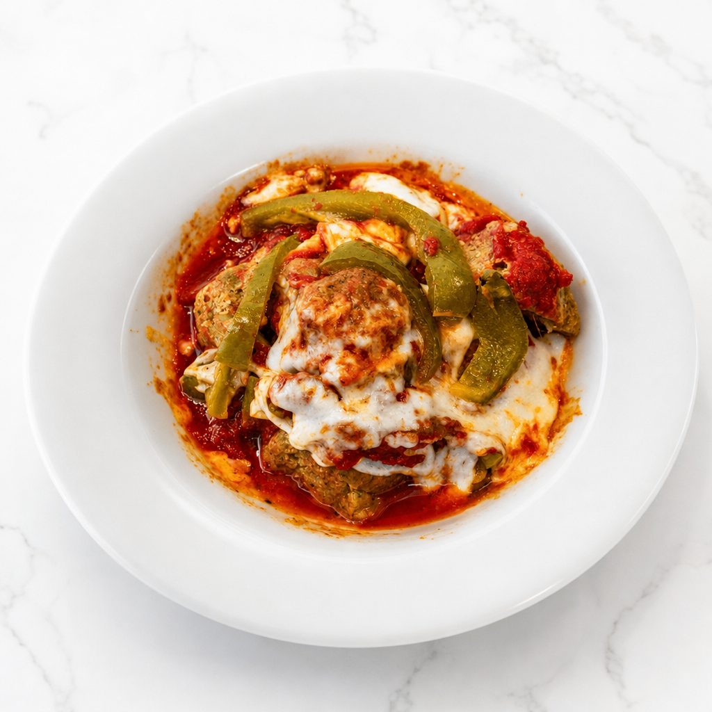 3 Meatballs with Peppers and Cheese.