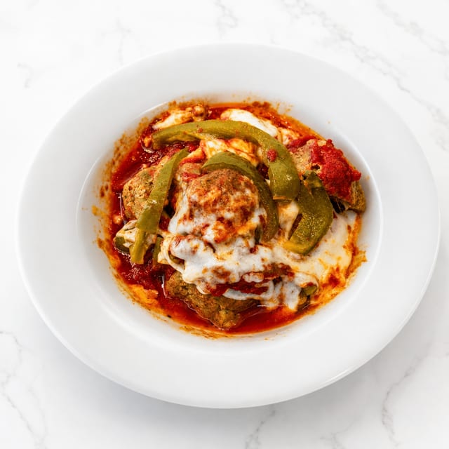 3 Meatballs with Peppers and Cheese.